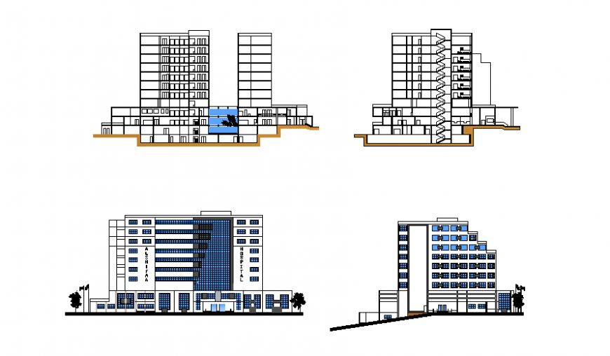 Five star luxuries hotel building facade and back elevation and sectional details dwg file