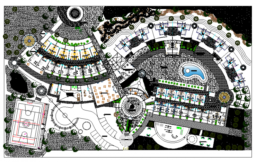 Five star luxuries hotel layout plan and landscaping structure details dwg file