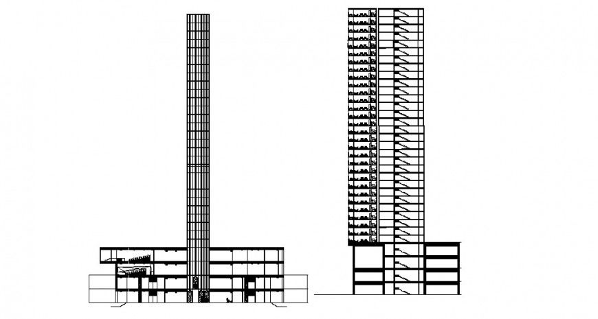Five star luxuries hotel main elevation, main section and lateral section drawing details dwg file