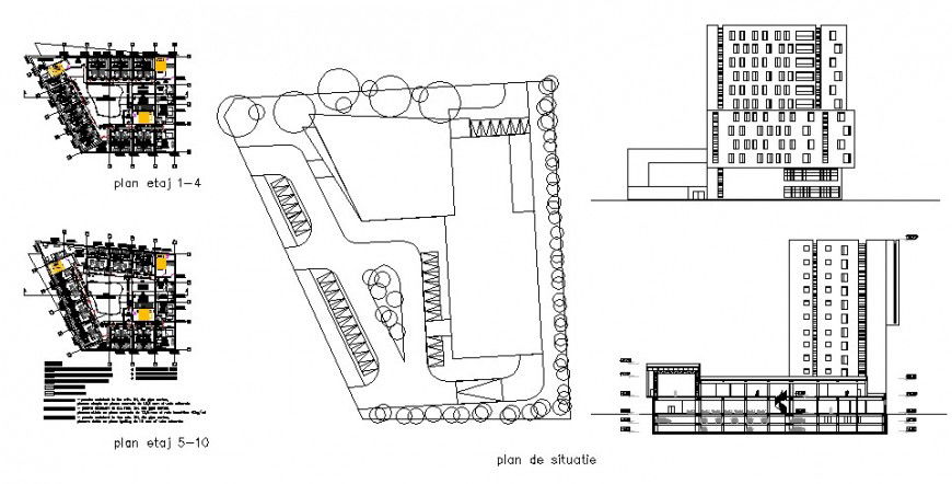 Five star multi-story hotel elevation, section and floor plan details dwg file