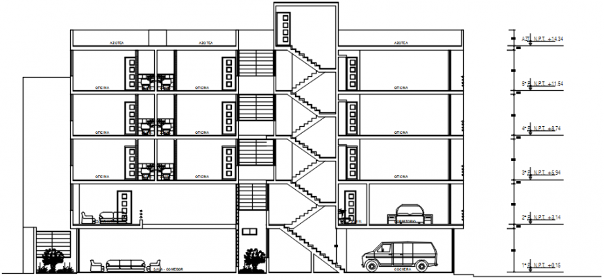 Five story apartment building front section drawing details dwg file