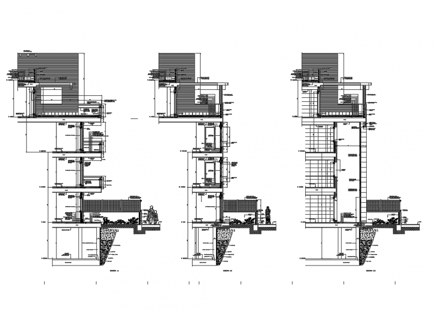 Five story corporate building facade constructive sectional details dwg file
