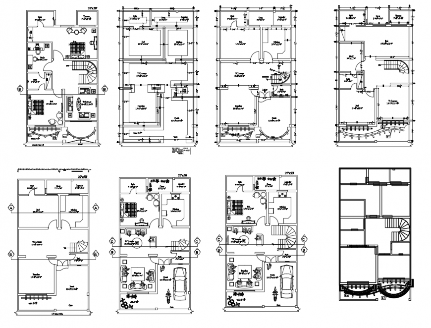 Five story residential house floor plan distribution cad drawing details dwg file