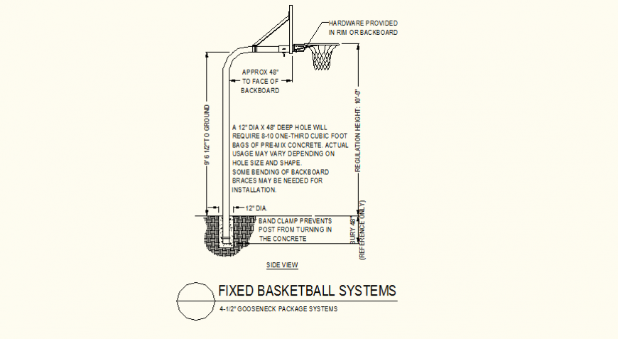 Fixed basket ball system detail elevation layout plan