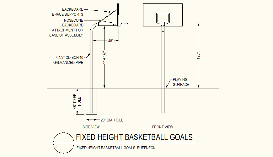 Fixed height basket ball goal detail elevation layout plan