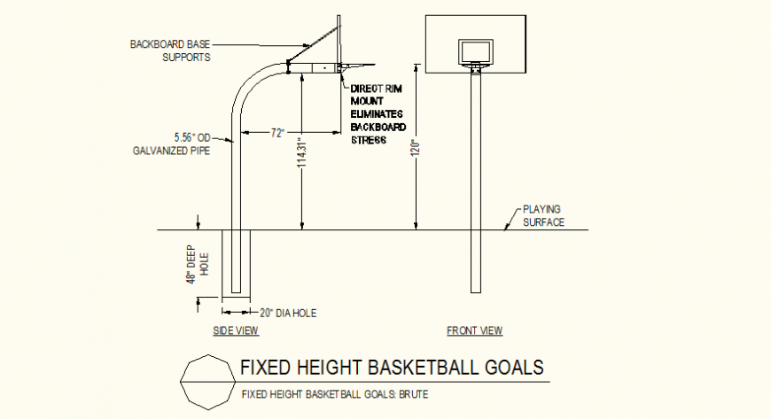 Fixed height basketball goal detail elevation and plan dwg file
