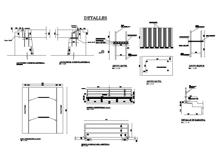 Fixed support cross and longitudinal section and constructive details dwg file