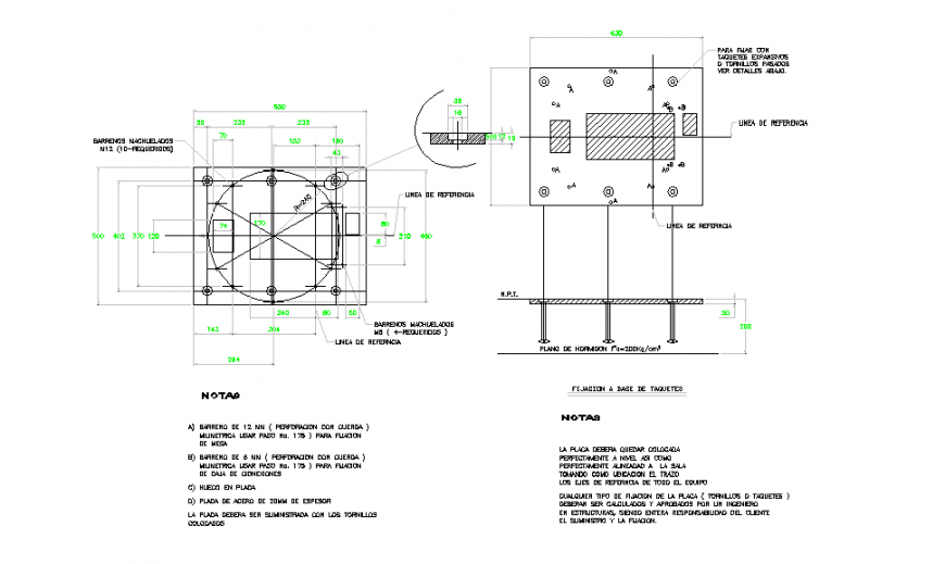 Fixing at the base of taquete Detail