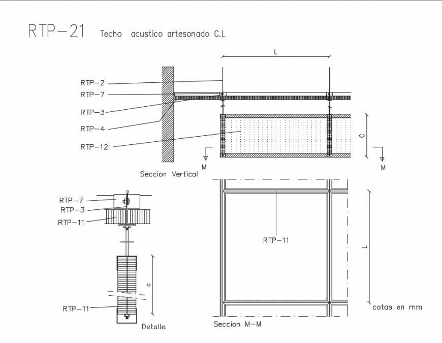 Detailed roof ceiling structure CAD drawing with suspension system