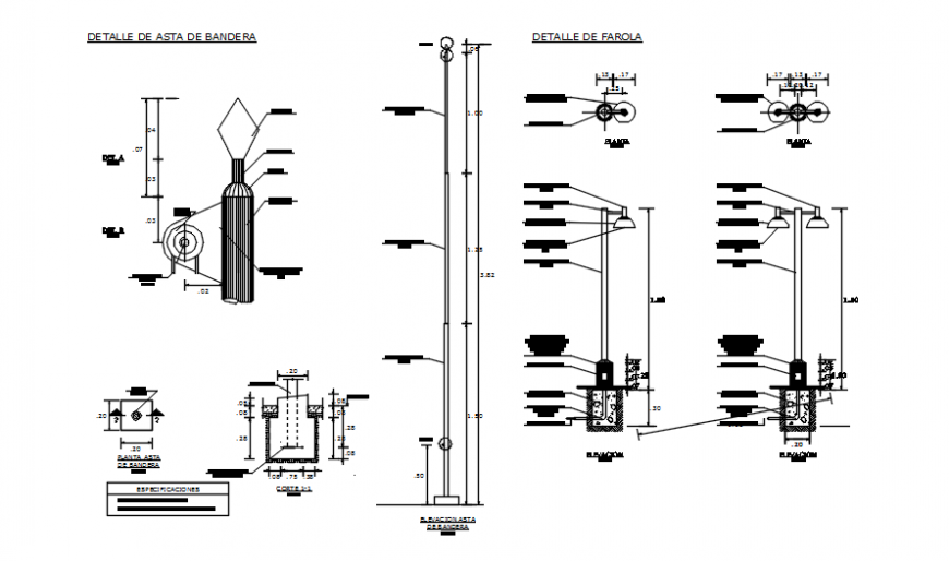 Flag pole and street light foundation plan and elevation for park auto cad file