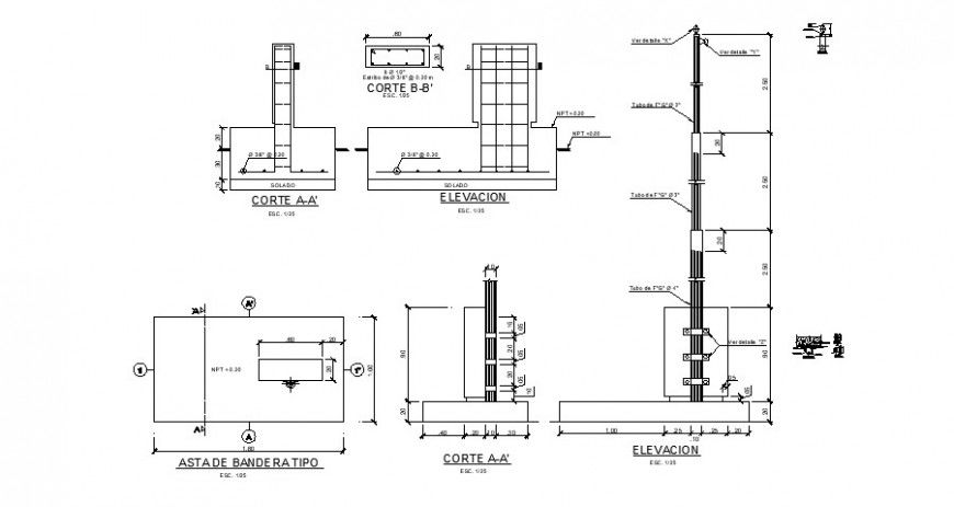 Flag pole elevation, section, plan and installation cad drawing details dwg file