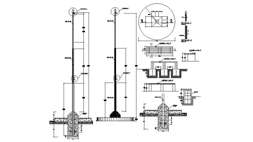 Flag pole section, footing and installation drawing details dwg file