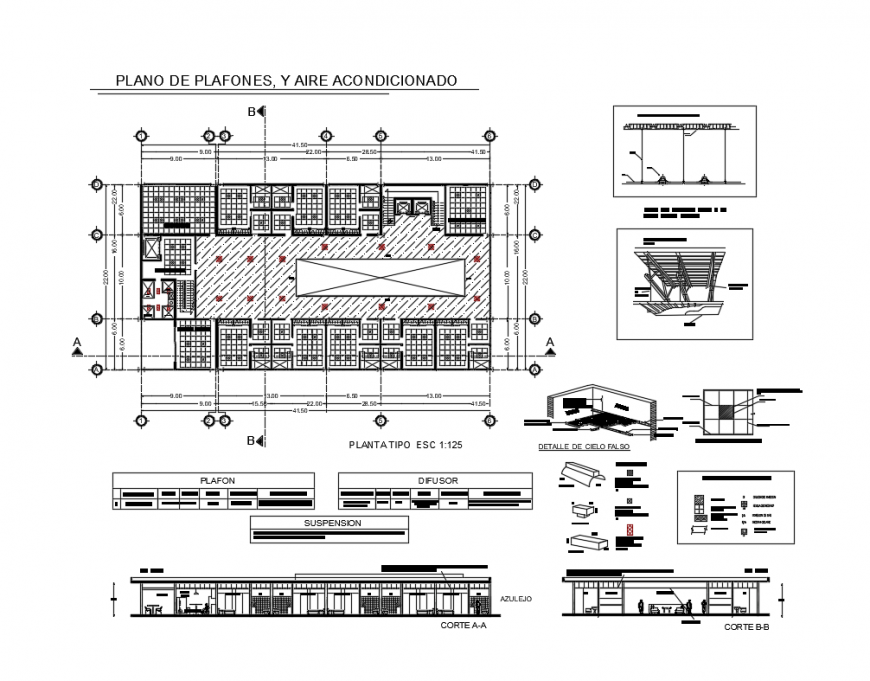 Flat panel, and air conditioning installation details with facade and cut sectional details of school dwg file