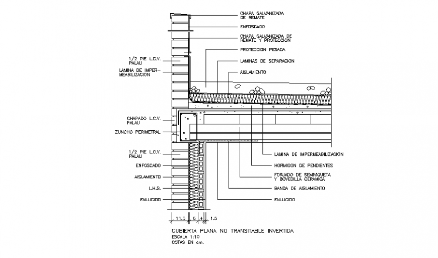 Flat roof not transit-able inverted constructive structure details dwg file