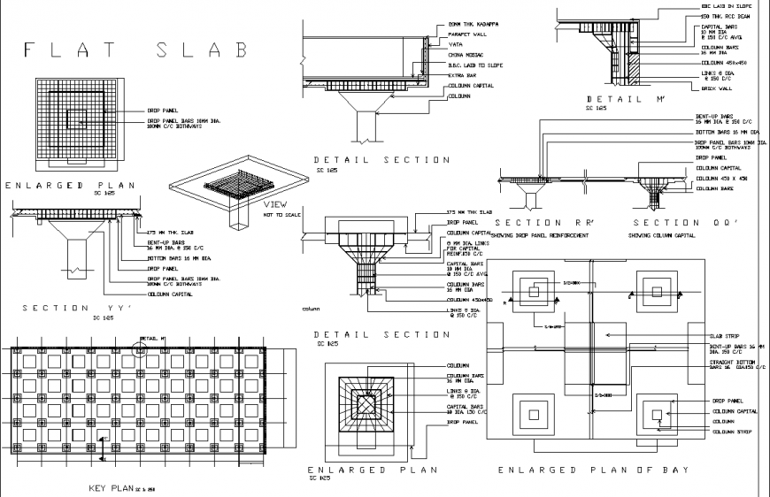 Flat Slab Detail Drawing with Section, and Reinforcement in DWG file.