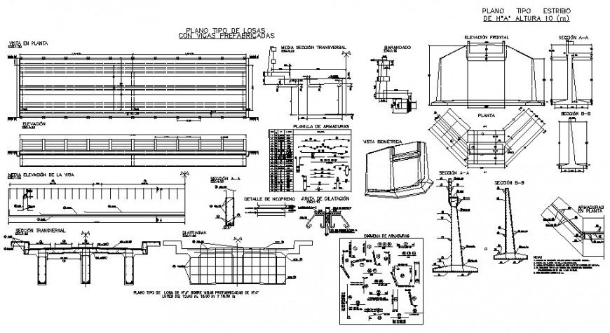 Flat type of slabs with prefabricated beams plan and section detail dwg file