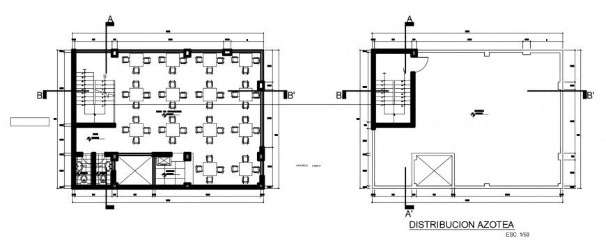 Floor and terrace plan of restaurant building 2d view autocad file