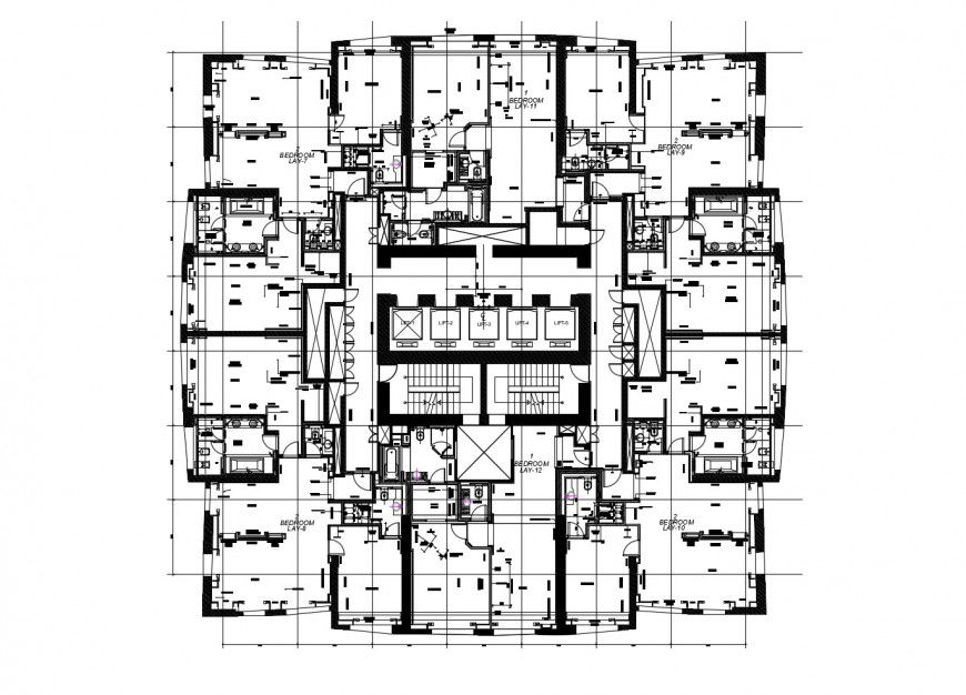 Floor distribution layout plan of apartment building with furniture layout dwg file