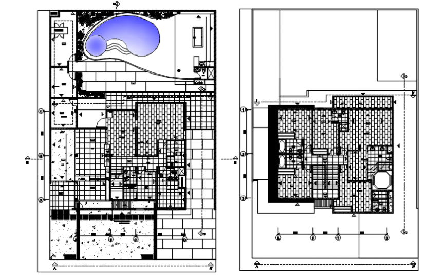 Floor distribution plan with sanitary and structure details of clubhouse dwg file