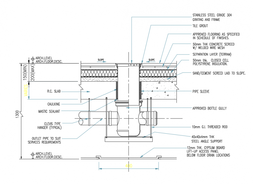 Floor drainage sewer system installation cad plumbing construction details dwg file