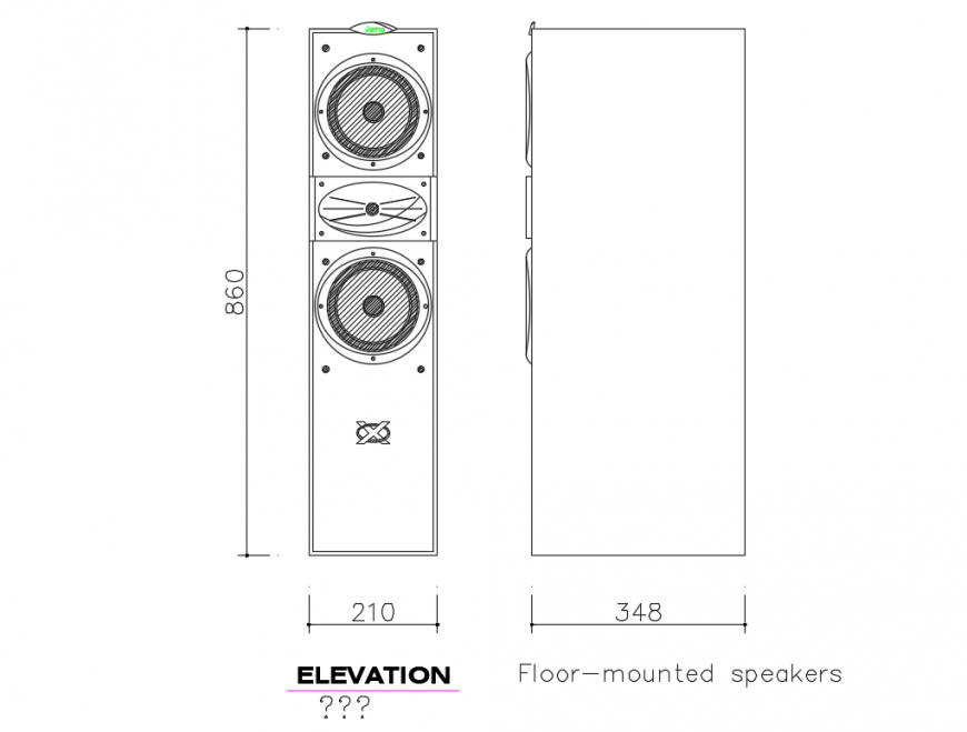 Floor mounted speakers front and side elevation cad blocks details dwg file