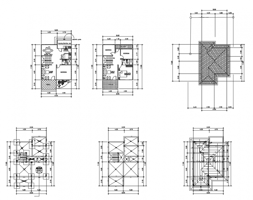 Floor plan, cover plan and structure details of residential house dwg file