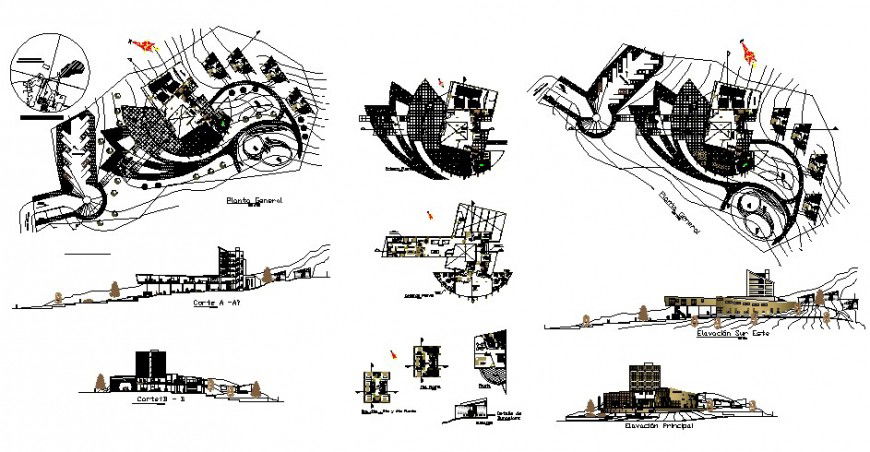 Floor plan, elevation and sectional view of hotel in auto cad software
