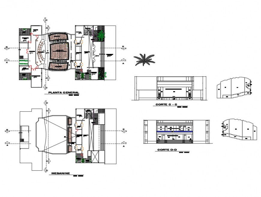 Floor plan, section and auto-cad details of music school with performance hall dwg file