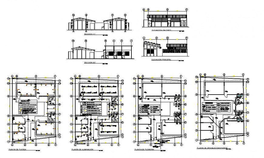 Floor plan,elevation and sectional detail of residential area dwg file