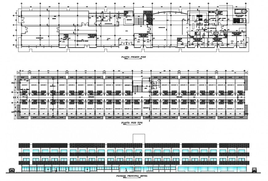 Floor plan , elevation of hotel in auto cad file