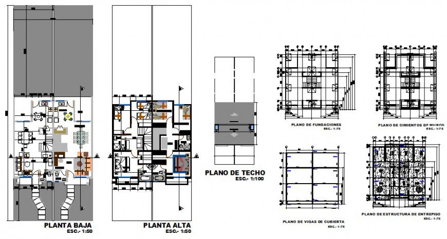 Floor plan and auto-cad details of two level house dwg file