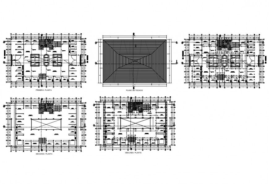 Floor plan and cover plan details of multi-story market dwg file