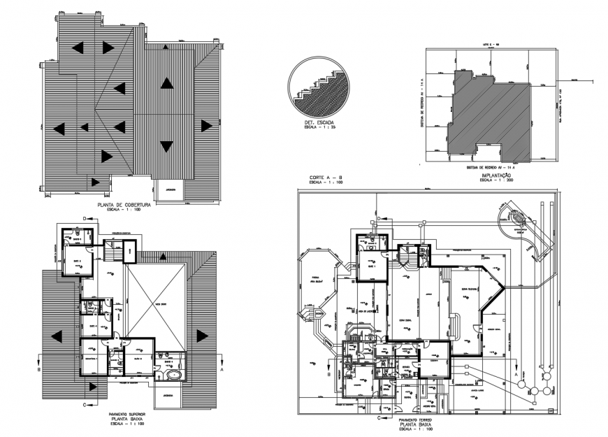 Floor plan and cover plan details of residential one family house dwg file