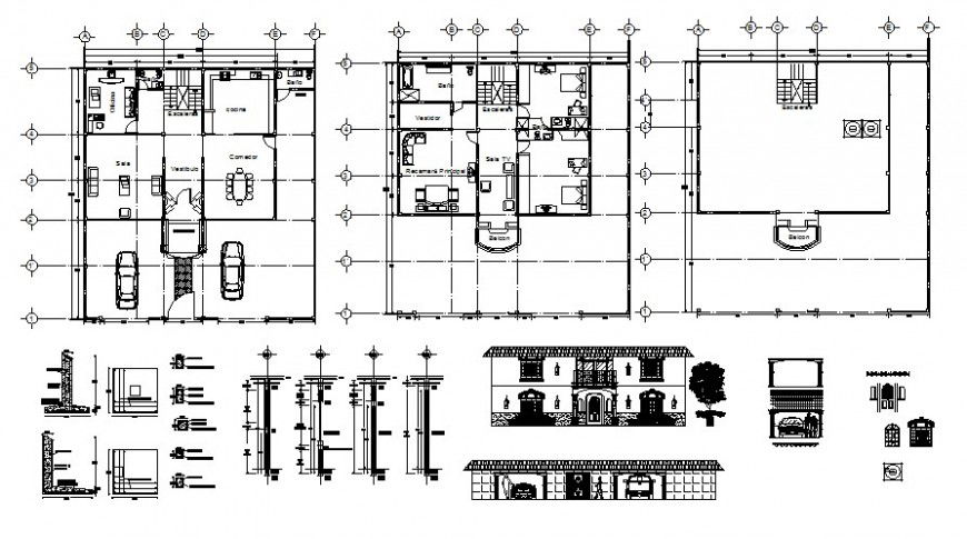Floor plan and elevation of housing area and roof plan in AutoCAD file