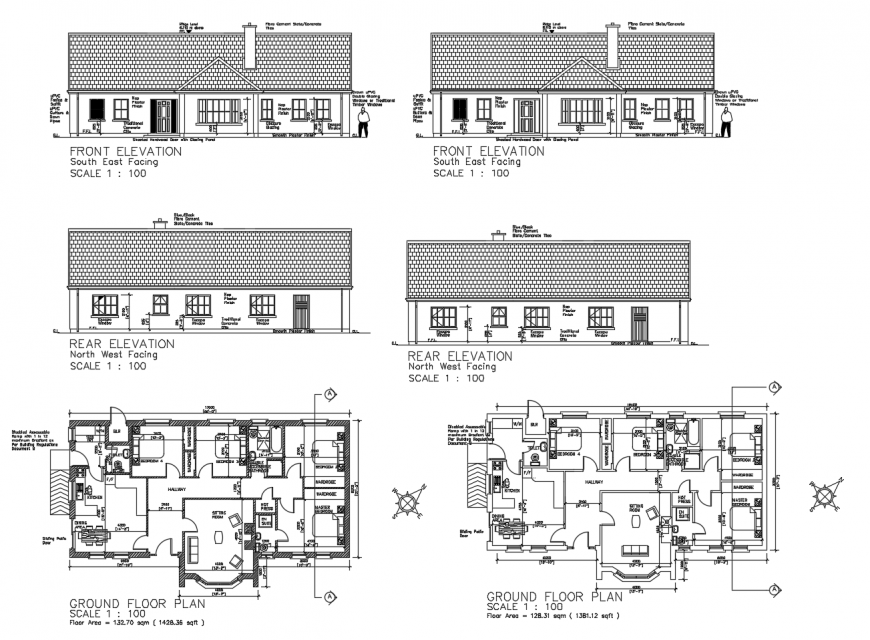 Floor plan and elevation of residential house 2d view autocad file