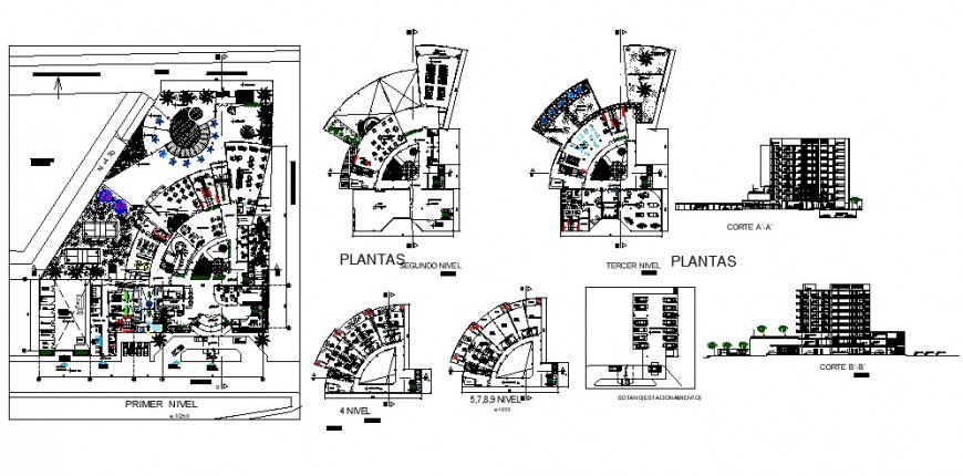 Floor plan and section view of 5 star hotels in auto cad software