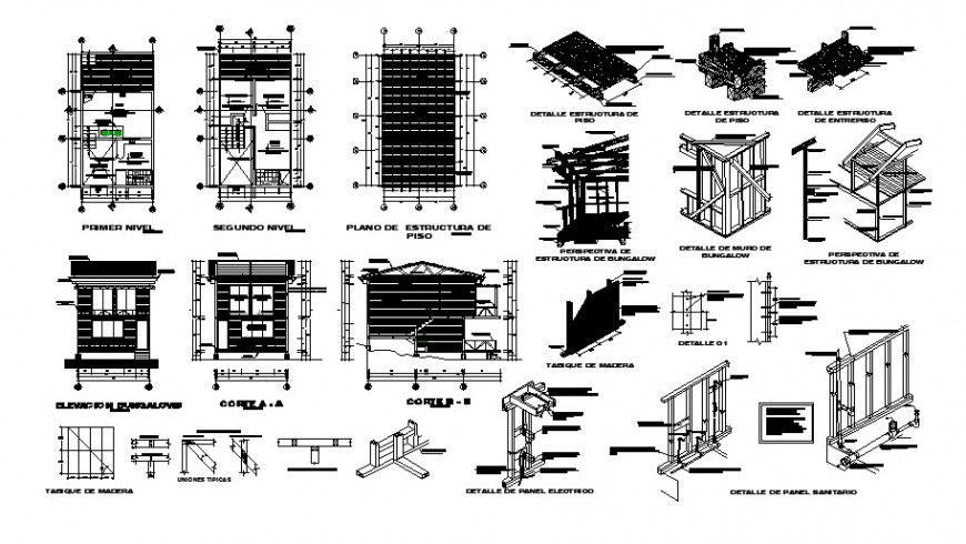 Floor plan and sectional view with structural design of bungalows dwg file