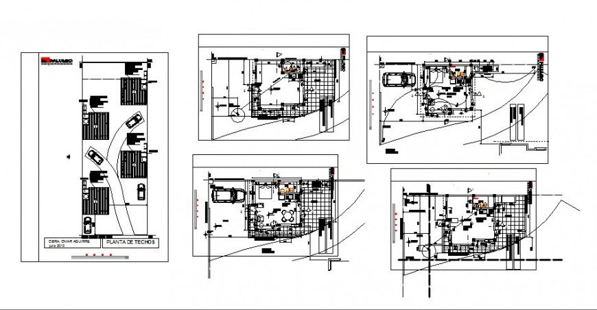 Floor plan distribution and parking floor details of one family house dwg file