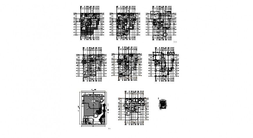 Floor plan distribution and structure details for apartment building dwg file