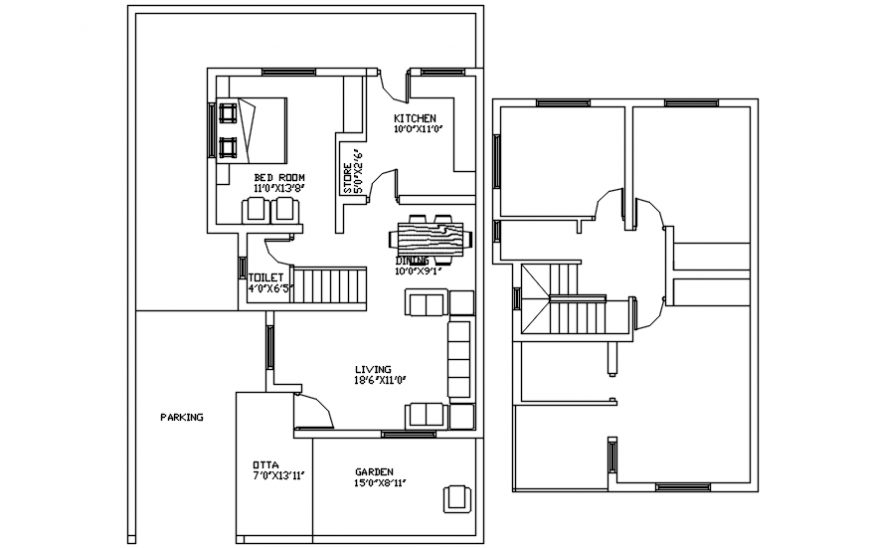 Floor plan distribution details for residential bungalow dwg file