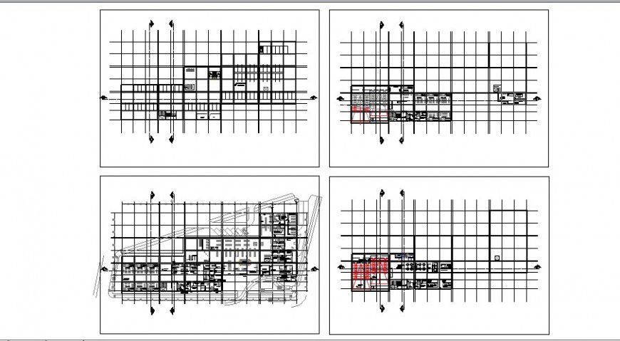 Floor plan distribution details of four flooring commercial complex dwg file