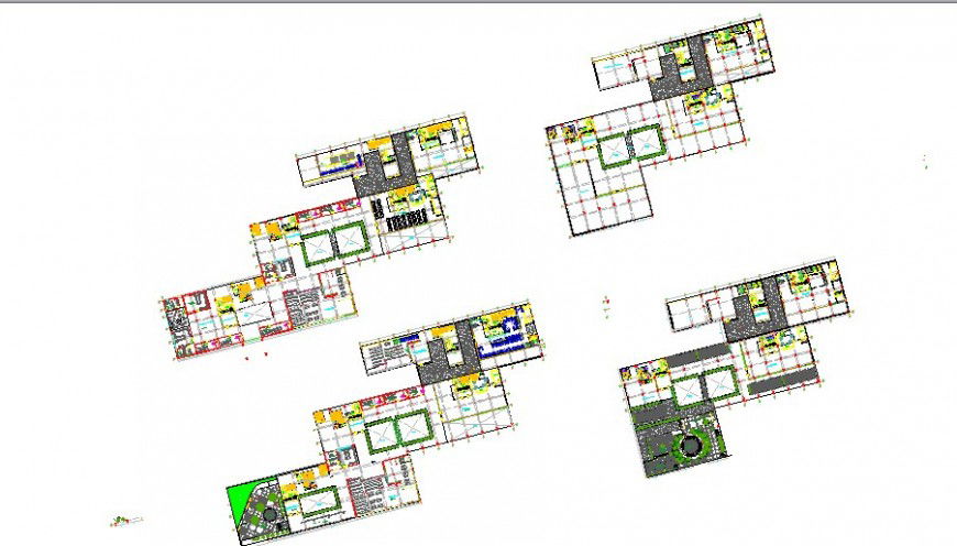 Floor plan distribution details of multi-story financial office building dwg file