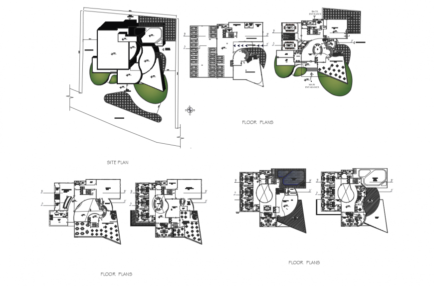 Floor plan distribution details of three star hotel building dwg file