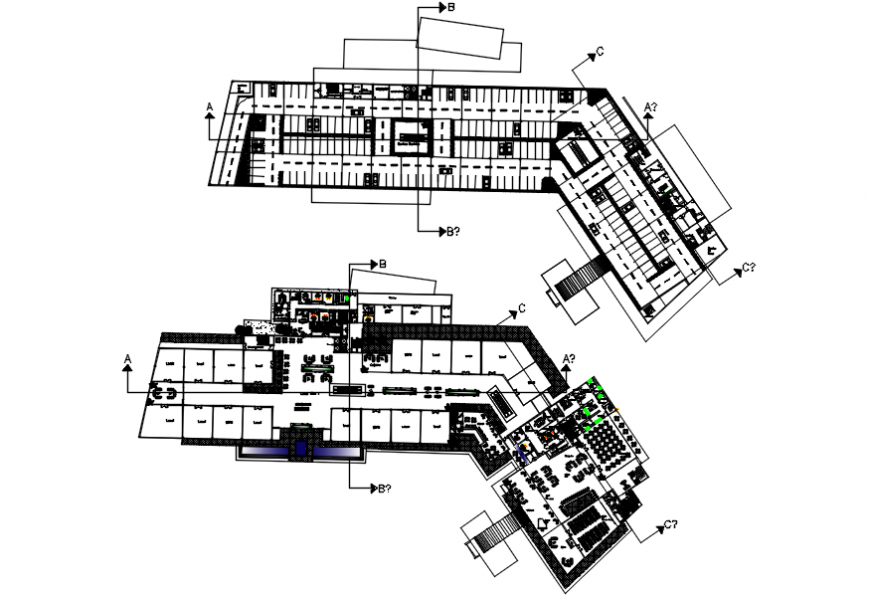 Floor plan distribution details of trade and shopping center dwg file