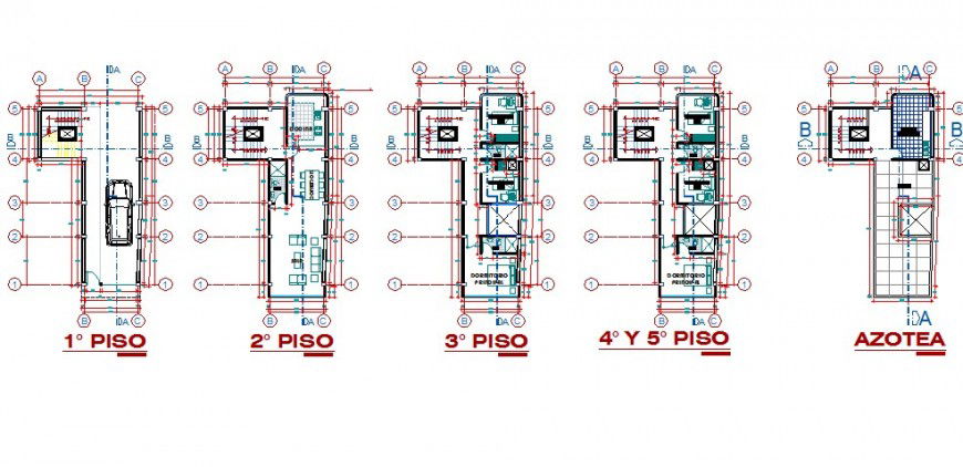 Floor plan distribution drawing details of five story apartment building dwg file