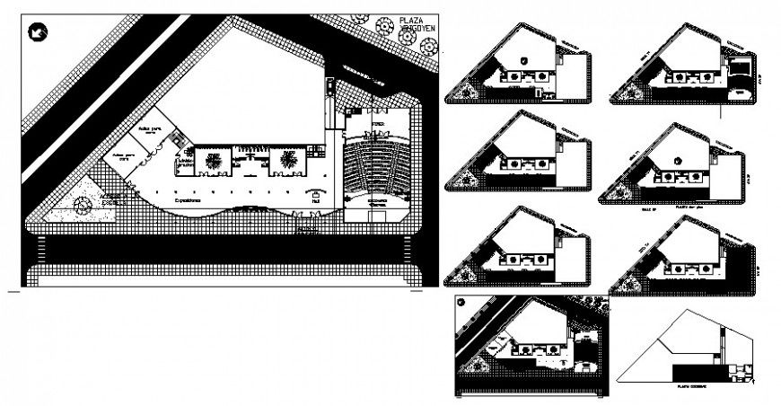 Floor plan distribution drawing details of theater school building dwg file