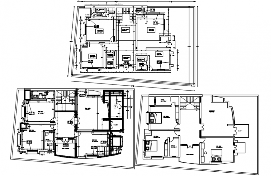 Floor plan distribution drawing details of three story bungalow dwg file