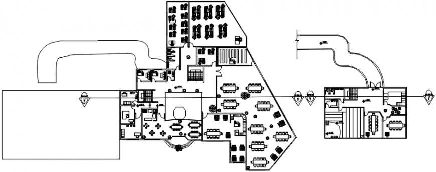 Floor plan distribution of restaurant with cafeteria details dwg file