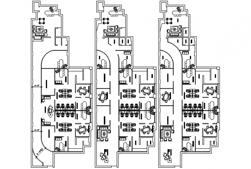 Floor plan distribution with furniture for old office building dwg file