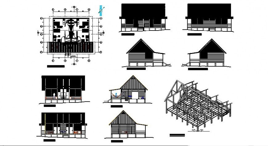 Floor plan elevation and isometric view of hotel in auto cad file